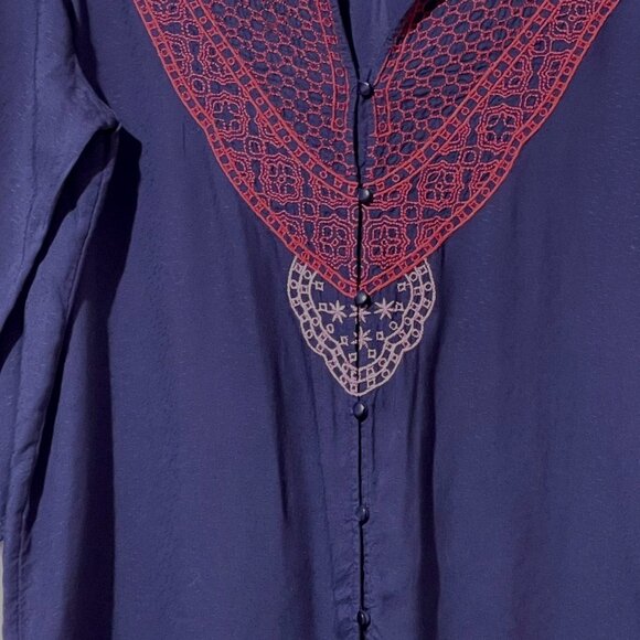 Lucky Brand Womens Navy Blouse With Red Embroidery M - Picture 3 of 5